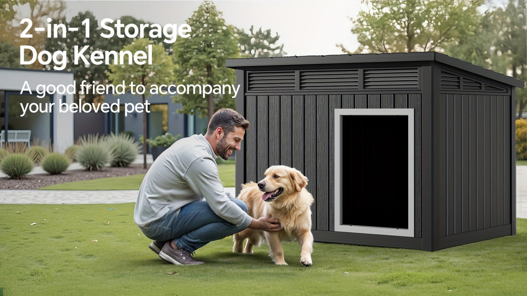 Ventilated Dog House with Slanted Roof, Black or Grey Indoor Outdoor Pet Shelter with Listed Waterproof and UV-Resistant Features for Large Dogs