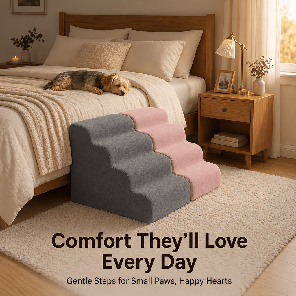 Dog Stairs for Bed with Dutch Velvet, Non-Slip Pet Steps for Small and Senior Dogs, 2/3/4-Step Options for Sofa and Couch, Gray or Pink
