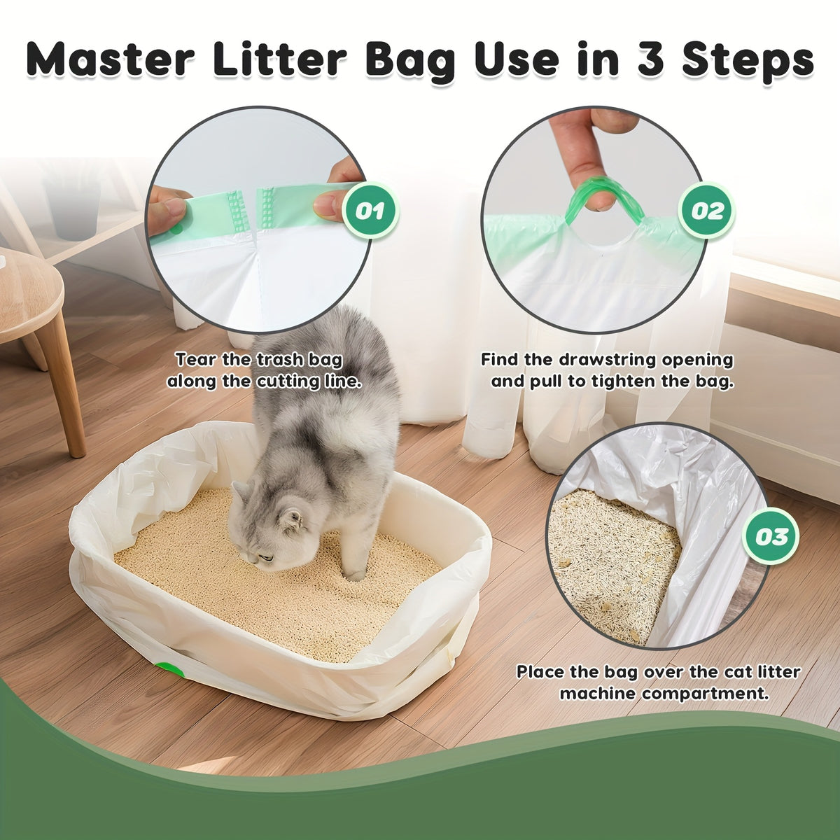 Jumbo Cat Litter Liners with Drawstring, 35.4 x 17.7 Inch Extra-Thick Litter Pan Bags in 30, 40 or 50 Count Rolls for Home Cleanup Routines