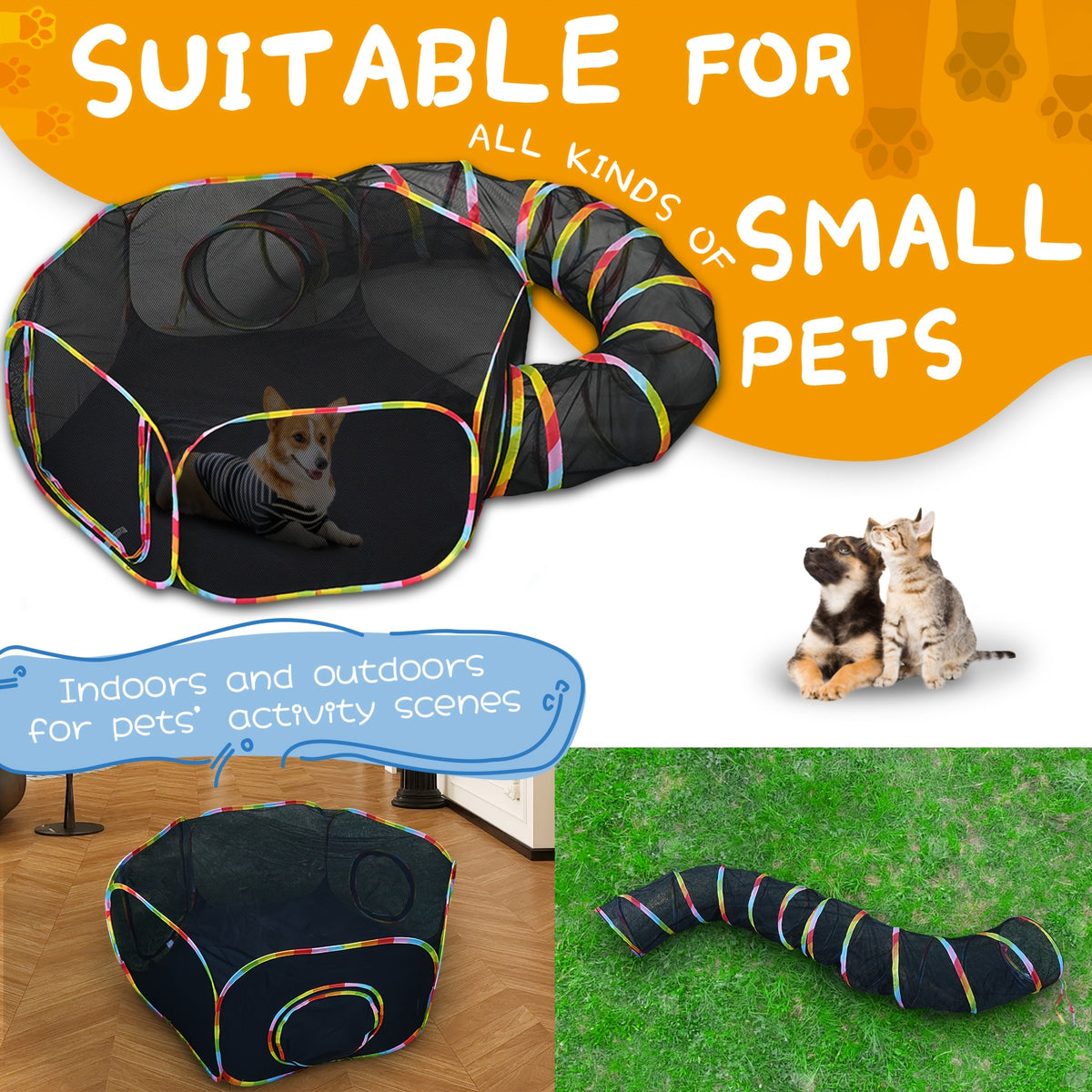 Outdoor Cat Enclosure with Play Tunnel, Portable Mesh Catio Tent with Rainbow Trim for Indoor Cats and Supervised Backyard Exploration