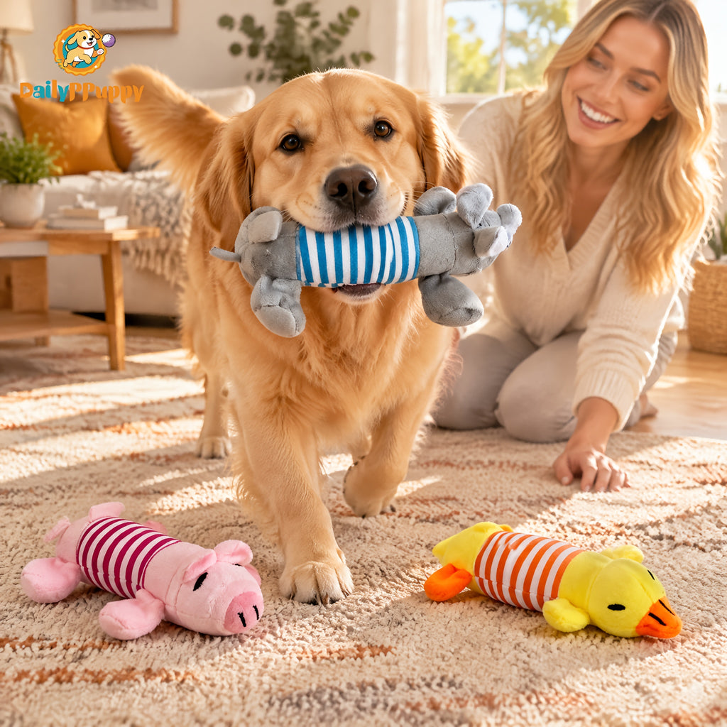 Squeaky Dog Toys with Striped Plush Design, 3 Pack 7.5 Inch Soft Stuffed Animal Toys in Assorted Colors for Small and Medium Dogs, Supervised Gentle Play