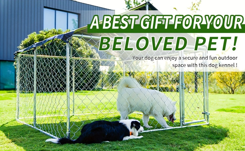 Galvanized Metal Dog Kennel with Canopy, Outdoor Steel Mesh Enclosure with Lockable Gate and PE Roof Cover, Three Backyard Dog Run Size Options
