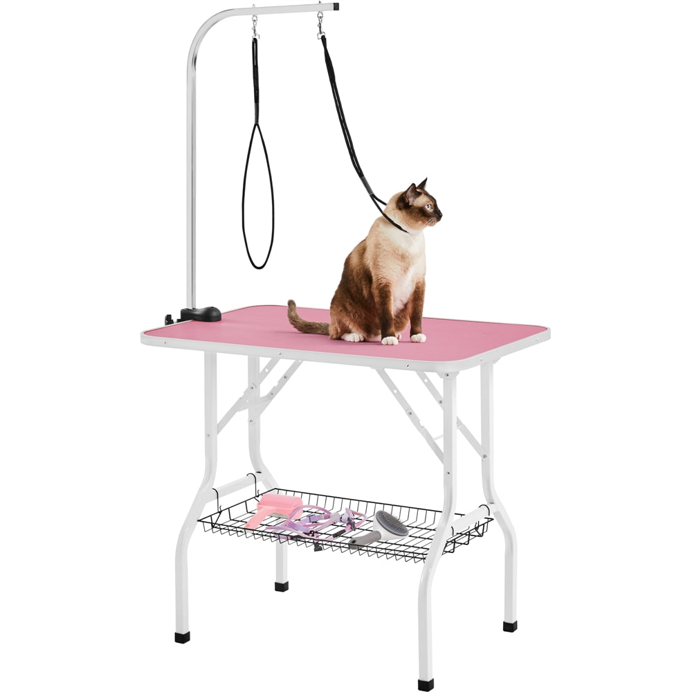 Foldable Dog Grooming Table with Mesh Tool Shelf, Detachable Height Adjustable Arm and Antiskid Surface for Small to Medium Dogs