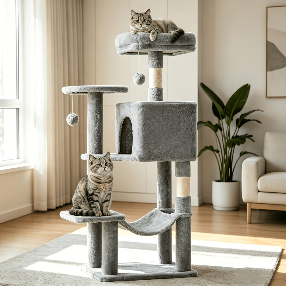 Cat Climbing Tower 44 Inch Multi-Level, Cat Activity Tree with Large Hammock, Enclosed Condo, Top Perch, Natural Sisal Scratch Posts and 2 Hanging Ball Toys for Multiple Cats