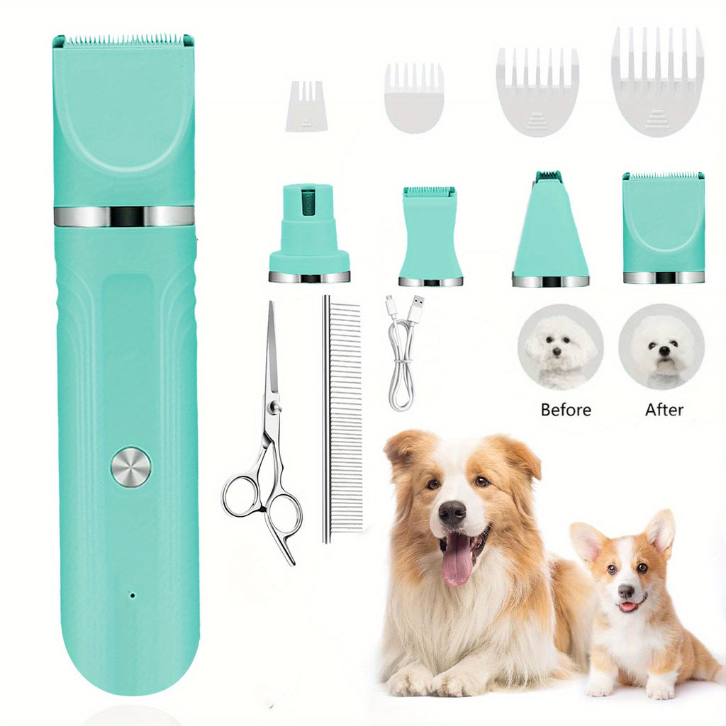 Dog Grooming Kit with Interchangeable Heads, USB Rechargeable Cordless Pet Hair Clipper with 4 Guide Combs, Steel Scissors and Comb for Home Trimming