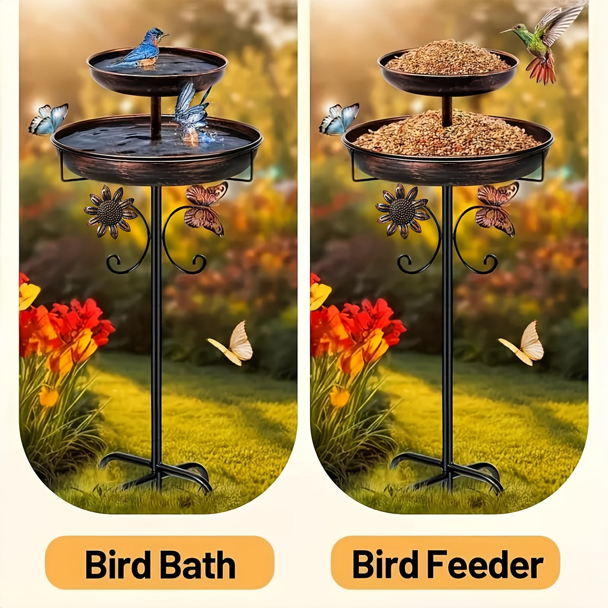 Bronze Metal Bird Bath with Flower and Butterfly Accents, Five-Prong Ground Stake Garden Basin with Single Layer and Set Options for Outdoor Yard Decor