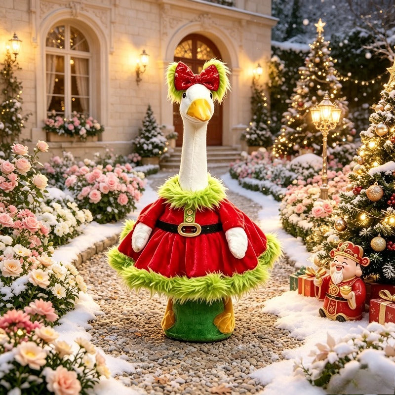 Red Sequin Bow Porch Goose Costume for 23-Inch Decorative Goose, Christmas Holiday Outfit with Green Plush Detail for Seasonal Entryway Decor