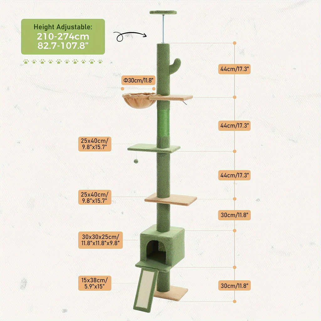 5-Tier Floor to Ceiling Cat Tree, 83–108 Inch Adjustable Indoor Cat Tower with Condo, Hammock, Scratching Post and Ladder in Seven Color Options