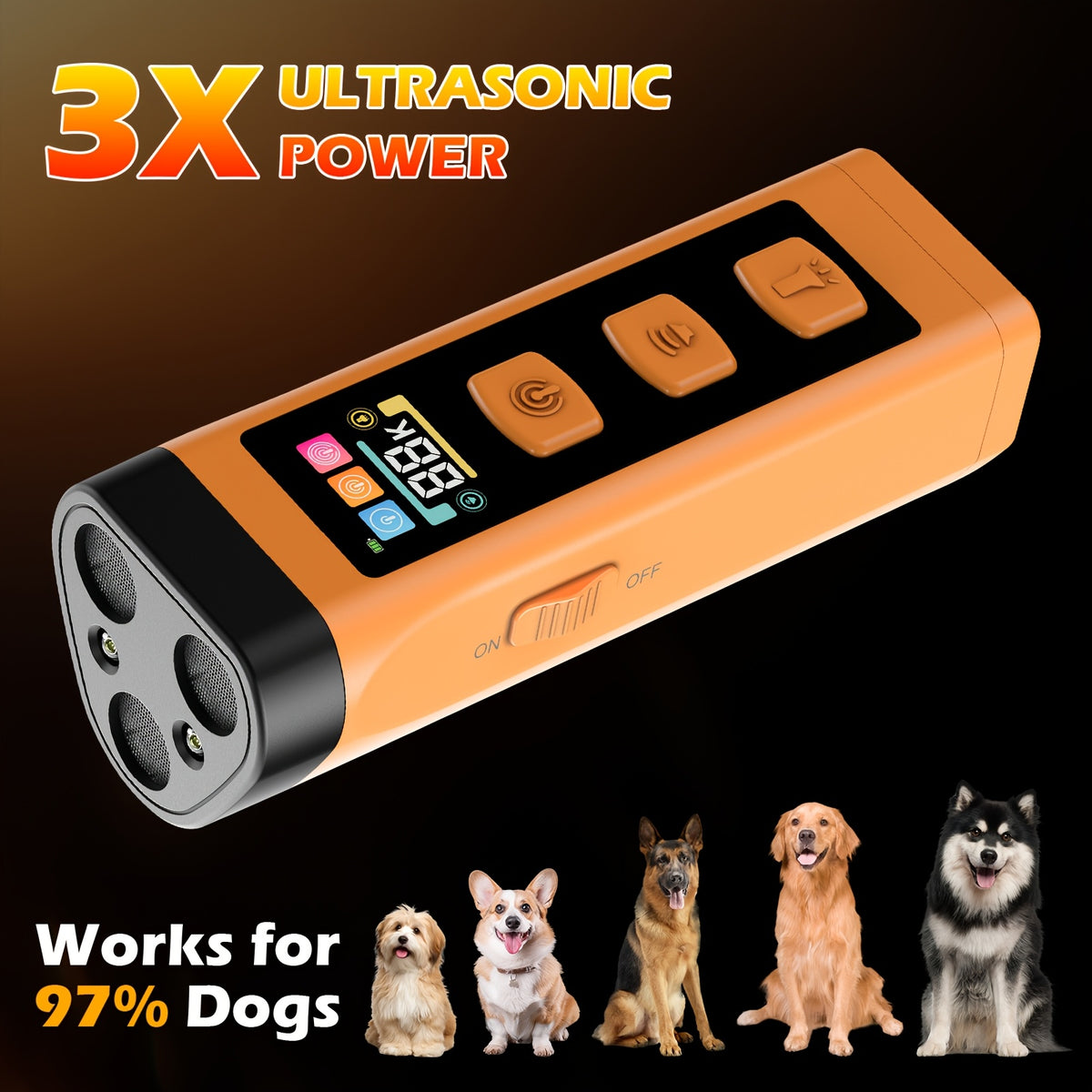 Dog Bark Deterrent with Triple-Head Sonic Design, USB Rechargeable Handheld Anti-Barking Training Device in Orange with Listed 65ft Range