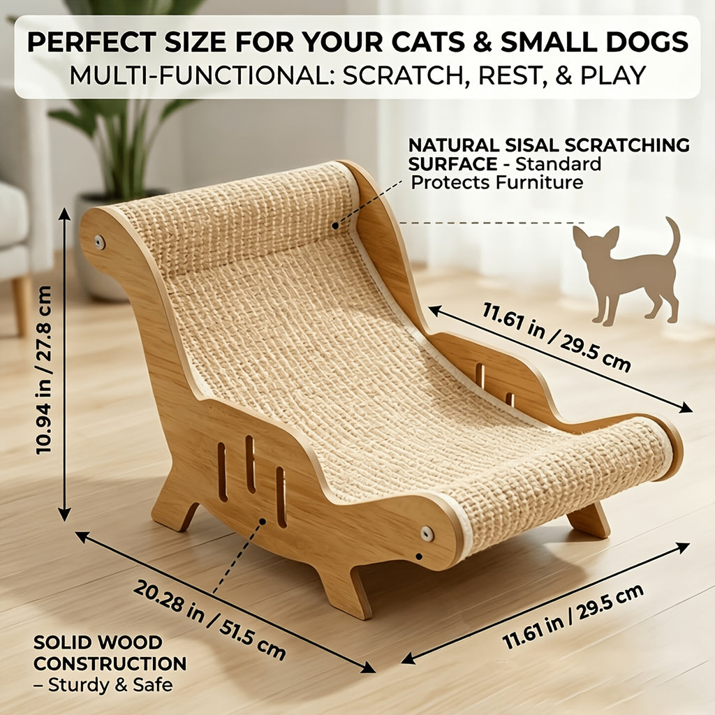 Cat Lounger Chair with Sisal Rope Scratching Bed, Elevated Hammock-Style Pet Beach Chair in Brown for Indoor Napping, Stretching and Relaxing