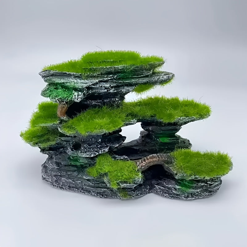 Aquarium Moss Rock Decoration, Multi-Layer Resin Fish Tank Ornament with Grass-Style Detailing for Shrimp and Fish Habitat Aquascaping