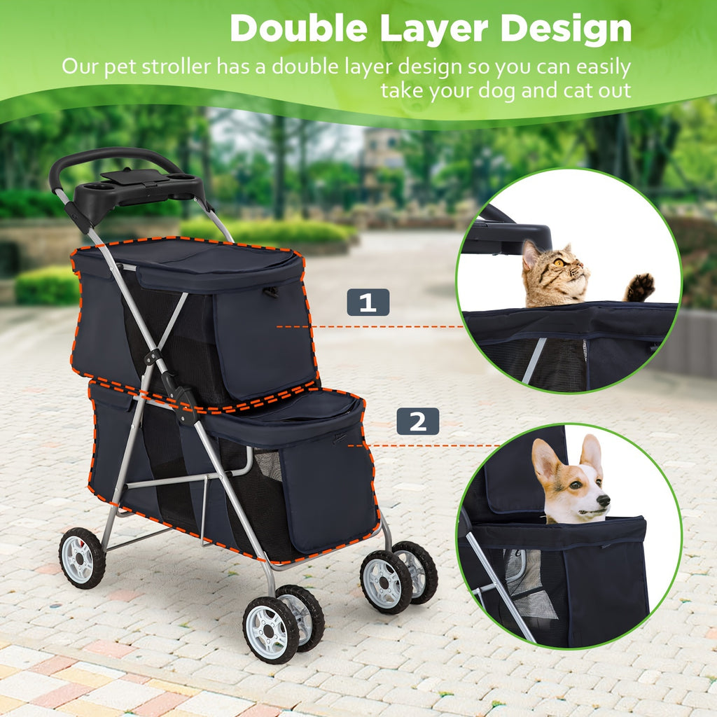 Double Decker Pet Stroller for Dogs and Cats, Foldable Four-Wheel Travel Pushchair with Cup Holder in Black or Pink for Small to Medium Pets