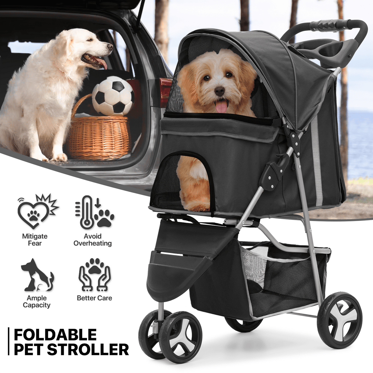 Foldable Dog Stroller for Small Dogs and Cats, 3-Wheel Pet Pushchair with Weather Cover, Breathable Mesh, Storage Basket and Cup Holder