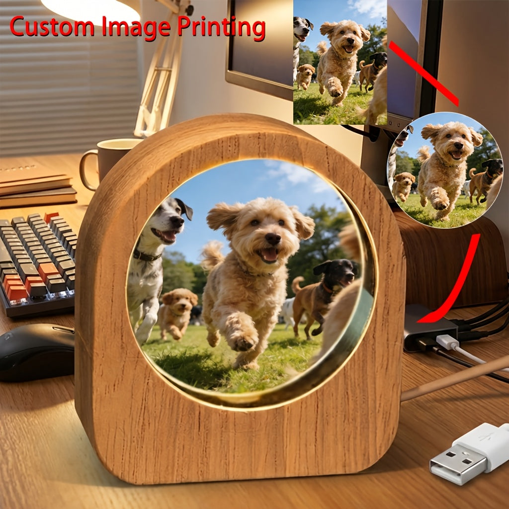Custom LED Photo Crystal with Wood Base, Personalized Pet Portrait Keepsake with Name and Date for Pet Owners, Family and Anniversary Gifts