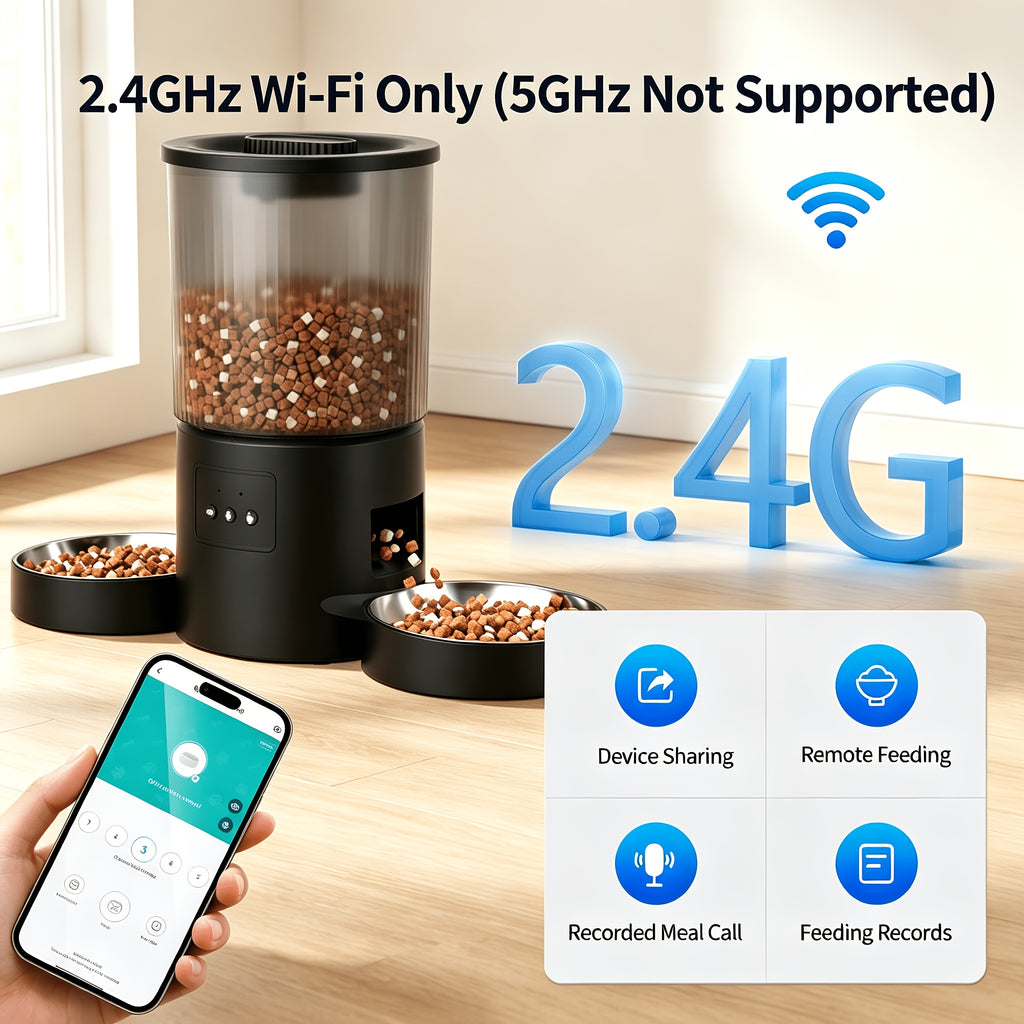Automatic Cat Feeder for Two Cats, 4.5L WiFi App-Controlled Dry Food Dispenser with Double Bowls and Timed Feeding for Multi-Pet Homes
