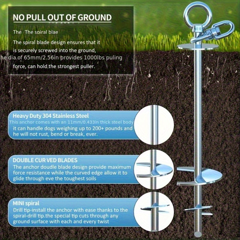Dog Tie Out Stake in 304 Stainless Steel, 360° Swivel Ground Anchor for Supervised Yard and Camping Use with 15ft, 25ft or Pouch Options