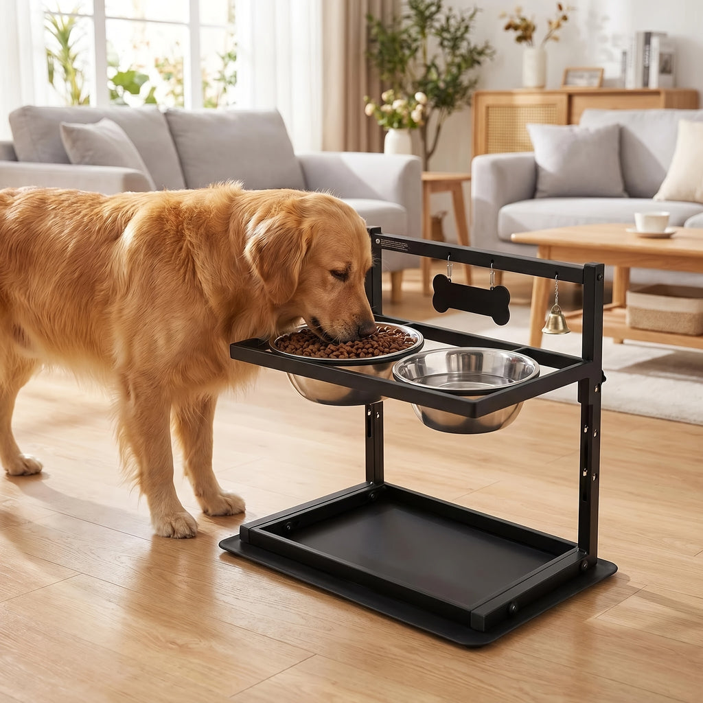 Stainless Steel Double Pet Bowls with Adjustable Elevated Stand, Non-Slip Food and Water Feeding Station for Dogs and Cats at Home