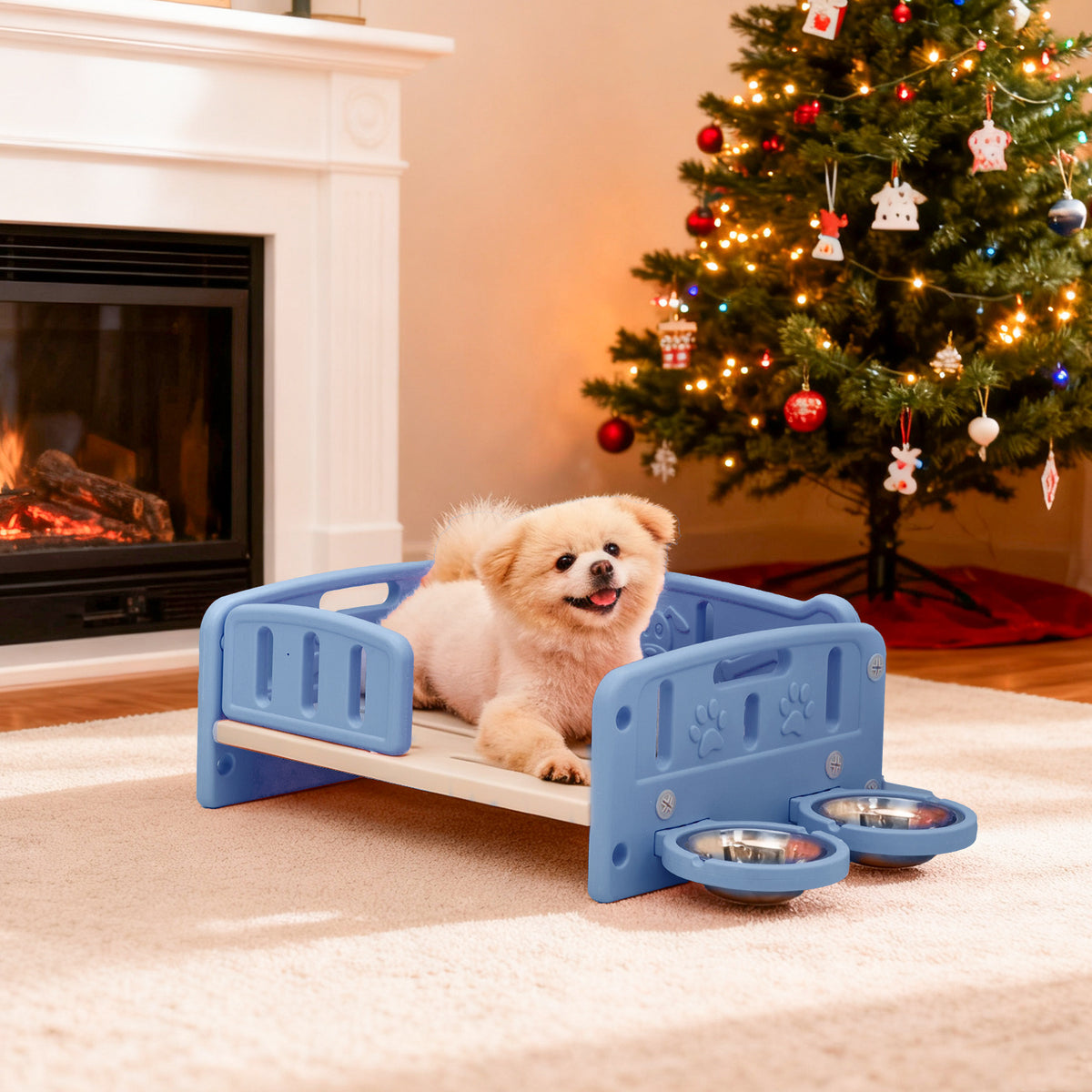 Elevated Dog Bed with Feeding Bowls, Plush Mat and Front Entry, Pink or Blue Pet Sofa with Paw-Print Side Panels for Small to Medium Dogs