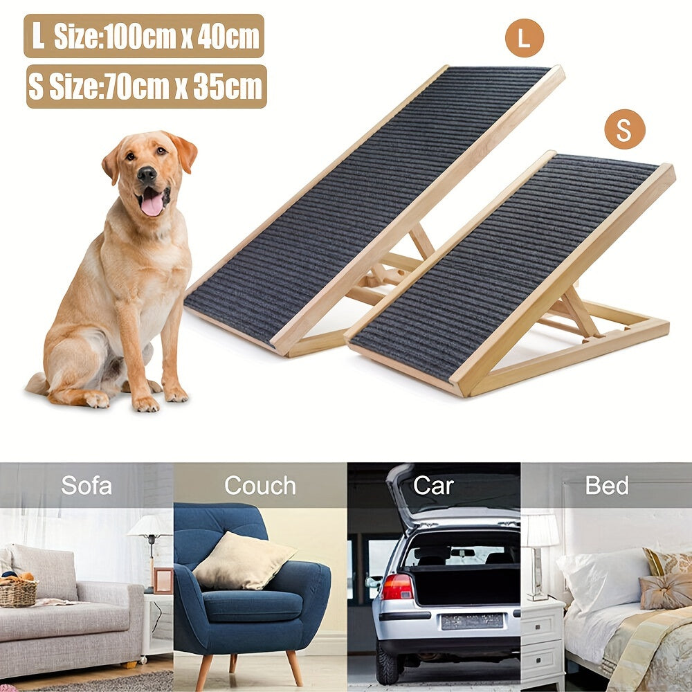 Adjustable Wooden Dog Ramp for Couch and Bed Access, Folding Pet Ramp with Textured Walking Surface for Dogs and Cats, S and L Options