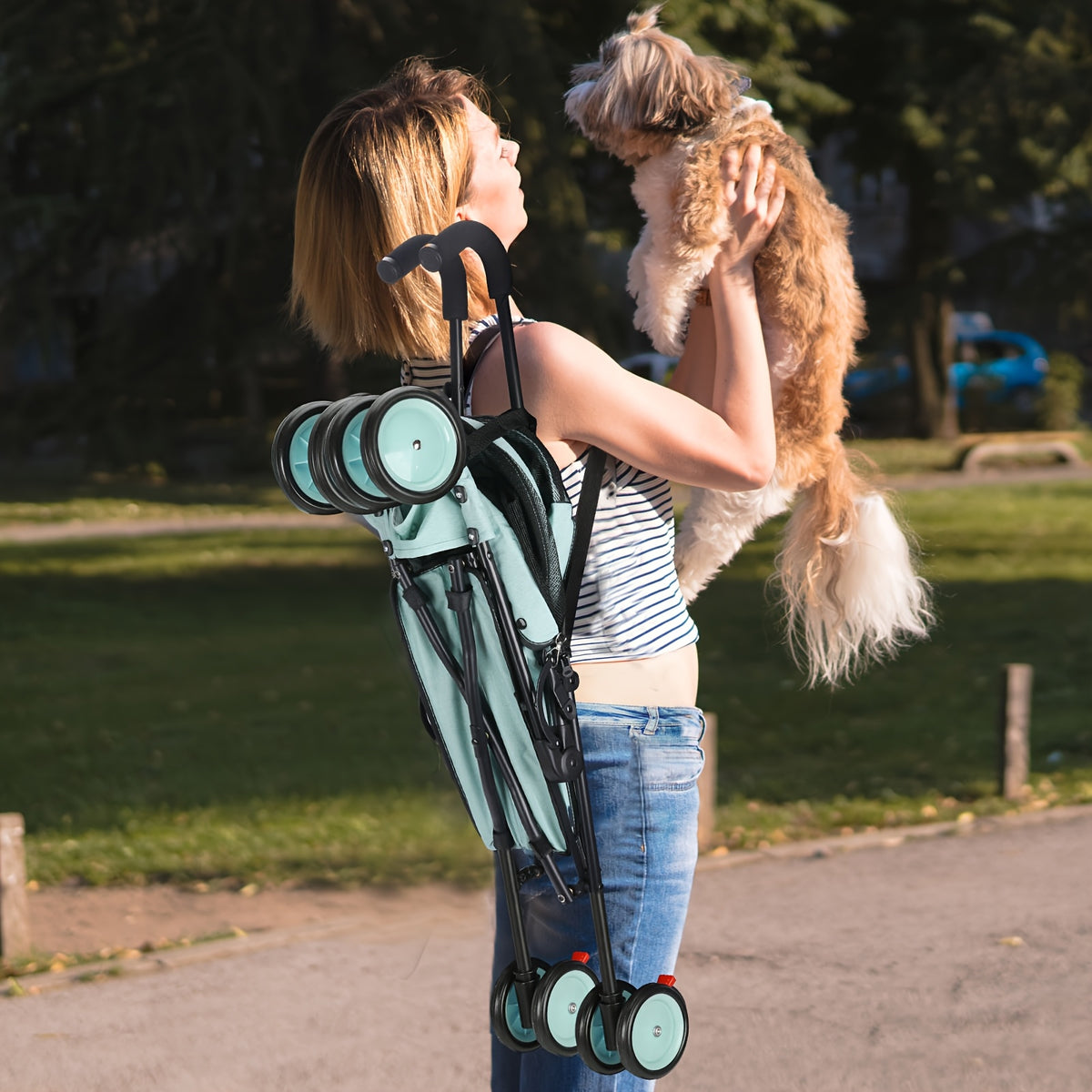 Lightweight Cat Stroller 8.95 lb with One-Touch Fold, Breathable Mesh, Adjustable Shoulder Strap and Safety Leash for Small Pet Travel and Daily Walks