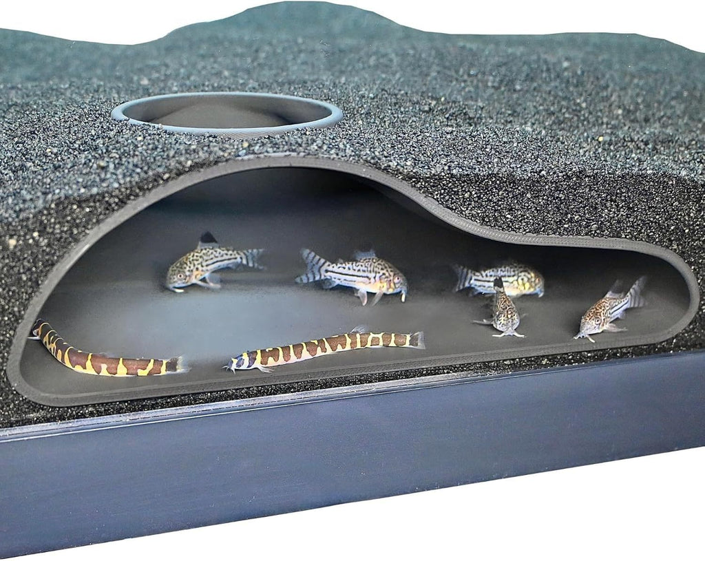 Aquarium Underground Tunnel Cave with Viewing Window, Curved Under Gravel Fish Hideout for Corydoras, Kuhli Loaches and Shrimp, Black or White