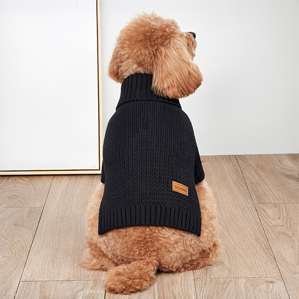 Black High Neck Pet Sweater with Ribbed Cuffs and Snap Buttons, Polyester Clothing for Dogs and Cats, XS M L XL XXL Options for Cool Weather