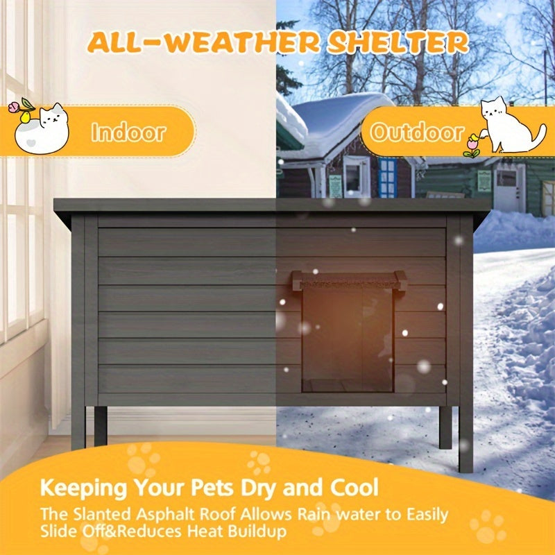 Wooden Outdoor Cat House with Six-Side Foam Insulation, Raised Floor and Feeding Station, 34.4 x 21.7 x 27.2 Inch Feral Cat Shelter in Grey or Coffee