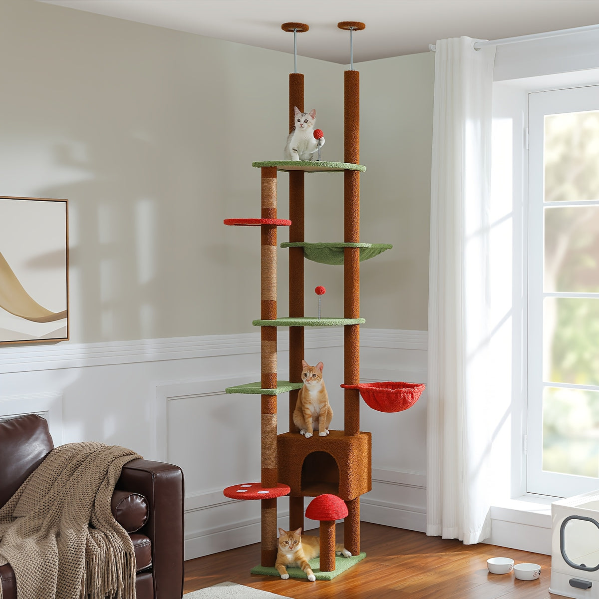 Adjustable Floor to Ceiling Cat Tree 90.5–100.4 Inches, Dual Top Support Indoor Tower with Condo, Hammocks, Climbing Platforms and Scratching Posts