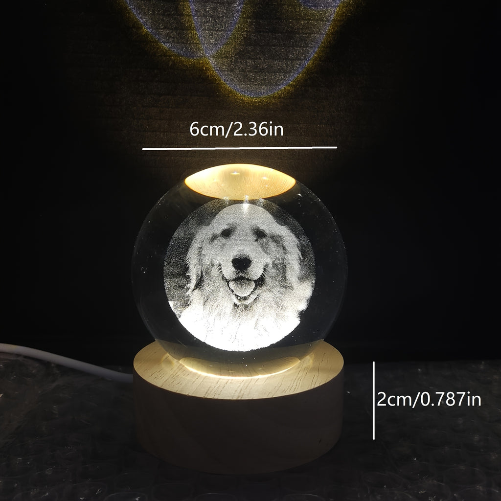 Personalized Pet Photo Crystal Ball with Laser Engraving, Custom Name and Date Keepsake with Warm Base for Dog and Cat Lover Gifts