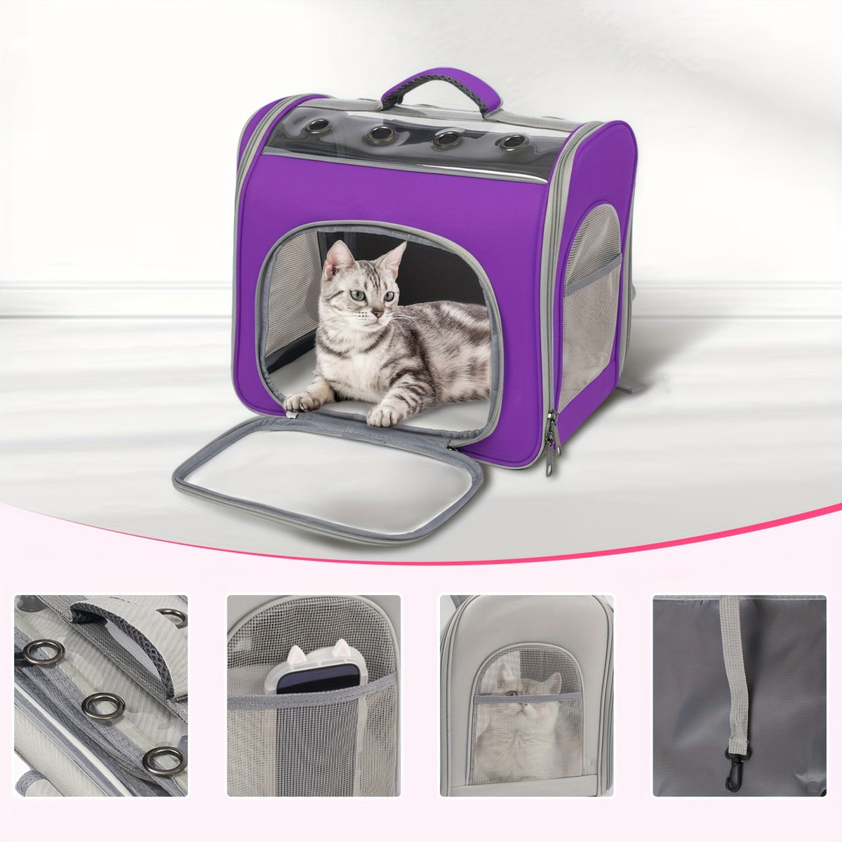 Cat Backpack with Front Opening and Breathable Mesh Window, Foldable Pet Carrier in Purple, Pink, Gray or Blue for Walks and Travel