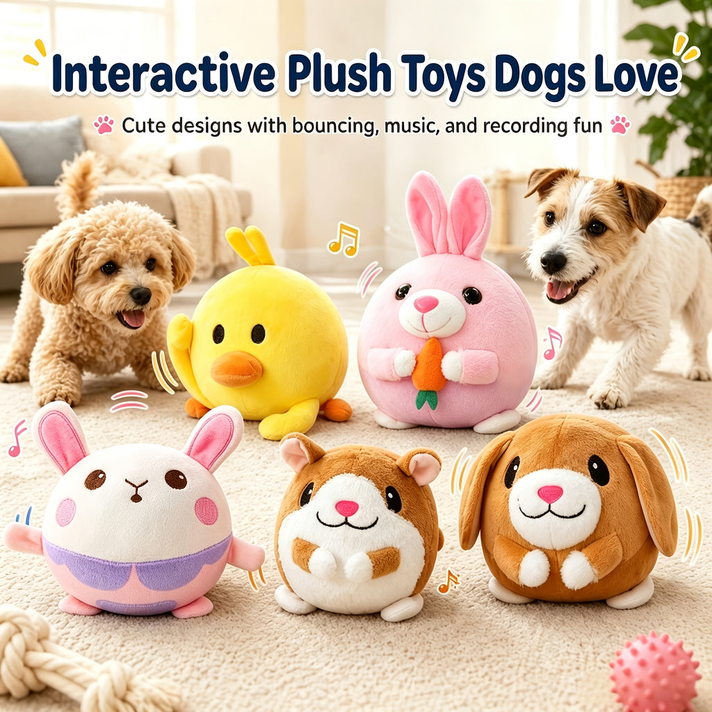 Voice Recording Dog Toy with Bouncing Ball, USB Rechargeable Moving Animal Toy with Music, Crinkle Sounds and Washable Cover for Supervised Play
