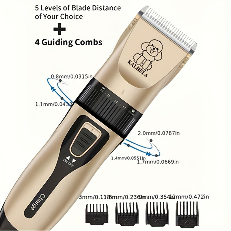 Electric Pet Clippers for Dogs and Cats, Rechargeable Low-Noise Hair Trimmer for At-Home Grooming with Three Gold Grooming Set Options