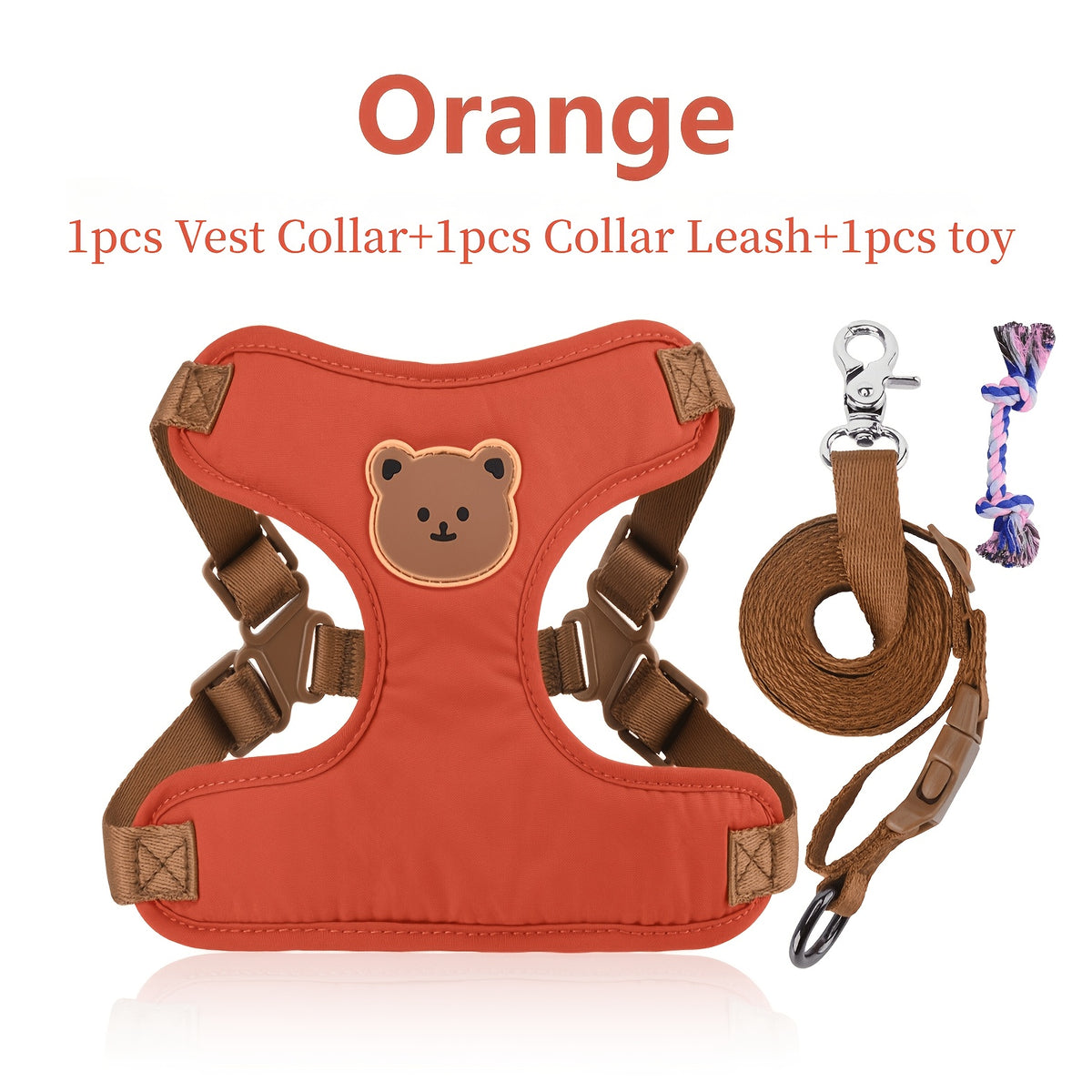 Bear Dog Harness and Leash Set with Cartoon Vest Design, 59-Inch Walking Lead, Green, Khaki or Orange Colors and S or L Sizes