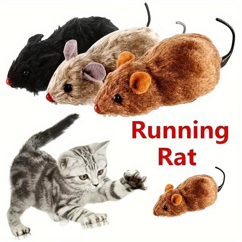 Wind-Up Mouse Cat Toy Set, Plush Clockwork Moving Mice for Supervised Indoor Chase Play, No Batteries Required, Gray Black White and Beige