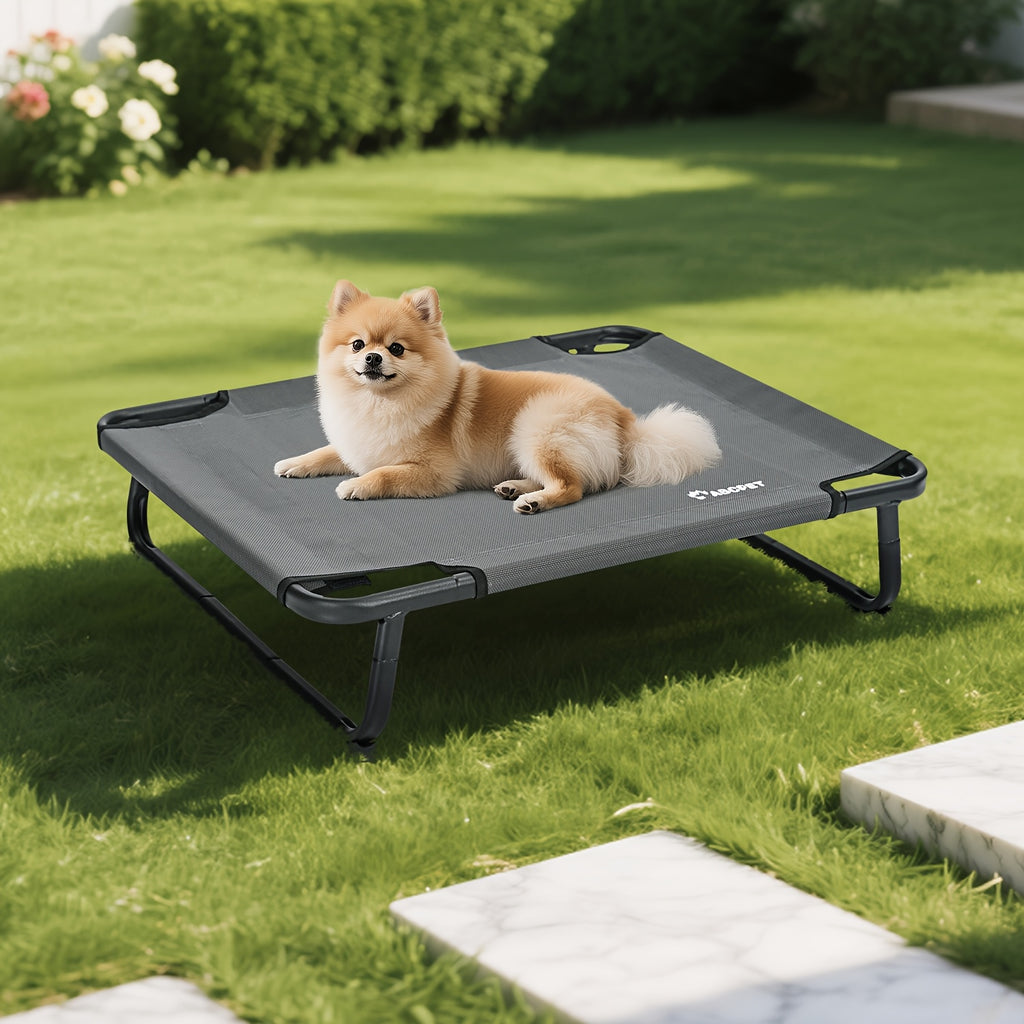 Elevated Dog Bed 32 Inch in Gray, Medium Raised Pet Cot with Breathable Teslin Fabric and Iron Frame for Indoor Rest and Outdoor Lounging
