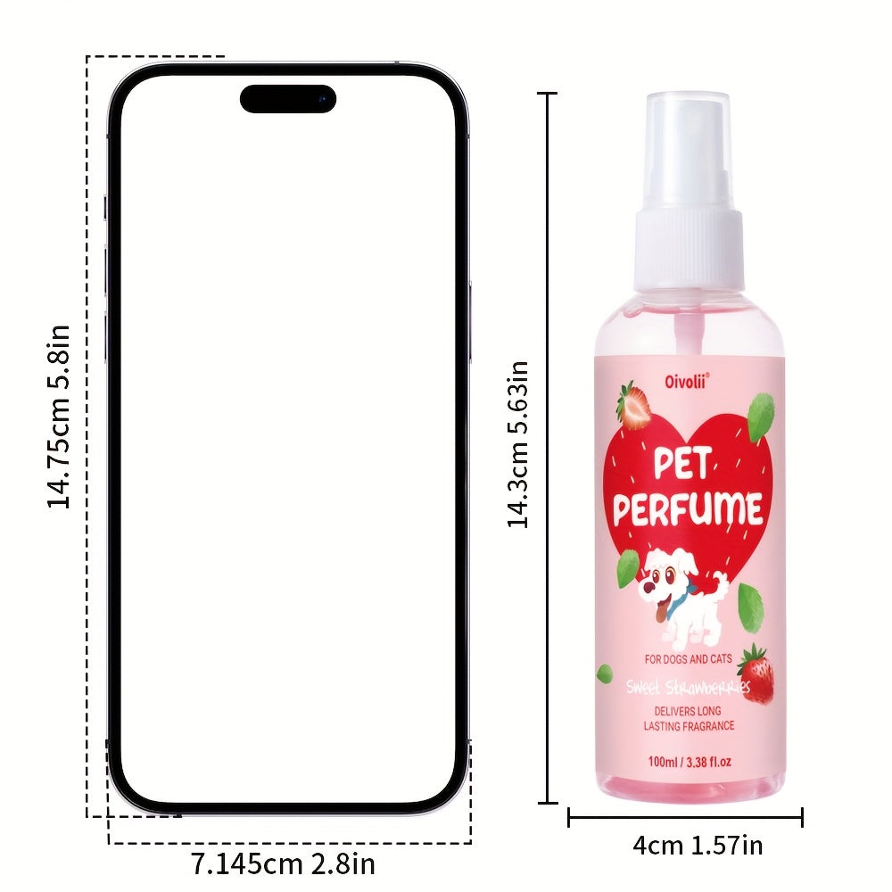 Dog Perfume Spray with Sweet Strawberry Scent, 100ml Pet Cologne and Deodorizing Mist for Label-Directed Coat and Bedding Freshening
