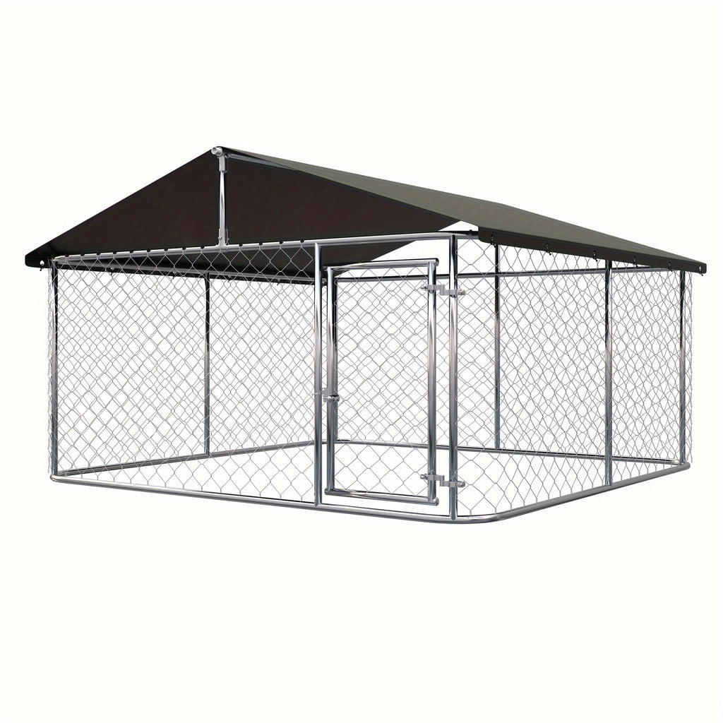 Galvanized Metal Dog Kennel with Canopy, Outdoor Steel Mesh Enclosure with Lockable Gate and PE Roof Cover, Three Backyard Dog Run Size Options