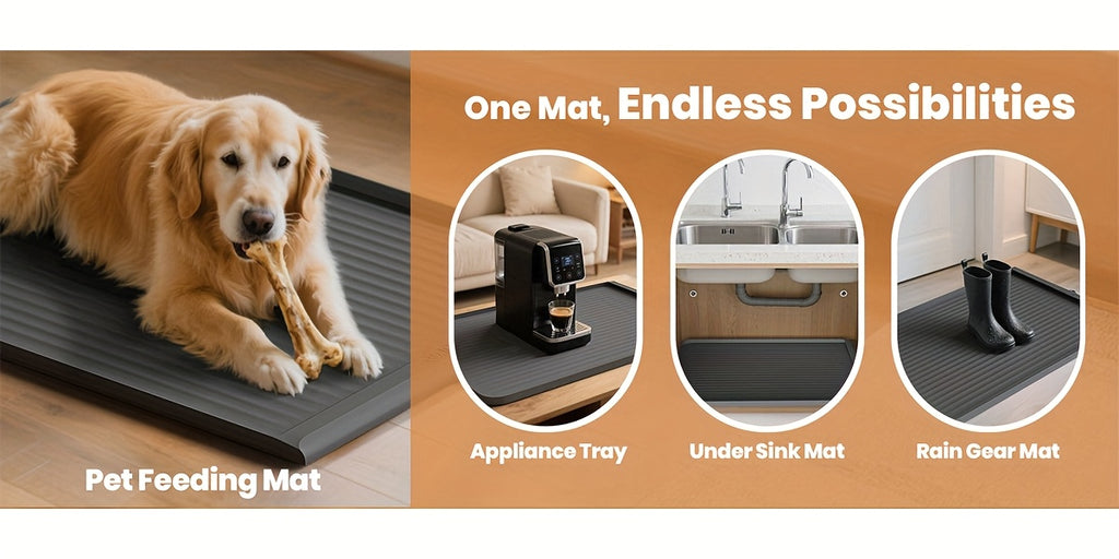 Large Dog Feeding Mat 36 x 24 Inches, Grey Waterproof Pet Bowl Placemat with Raised Edges, Grooved Surface and Roll-Up Design for Food and Water