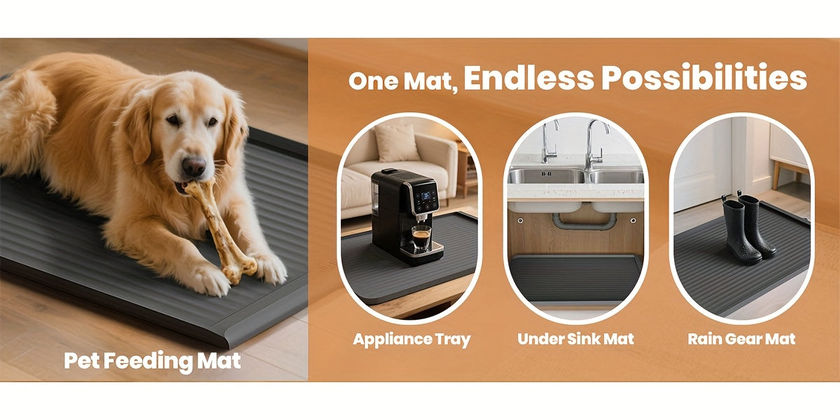 Large Dog Feeding Mat 36 x 24 Inches, Grey Waterproof Pet Bowl Placemat with Raised Edges, Grooved Surface and Roll-Up Design for Food and Water