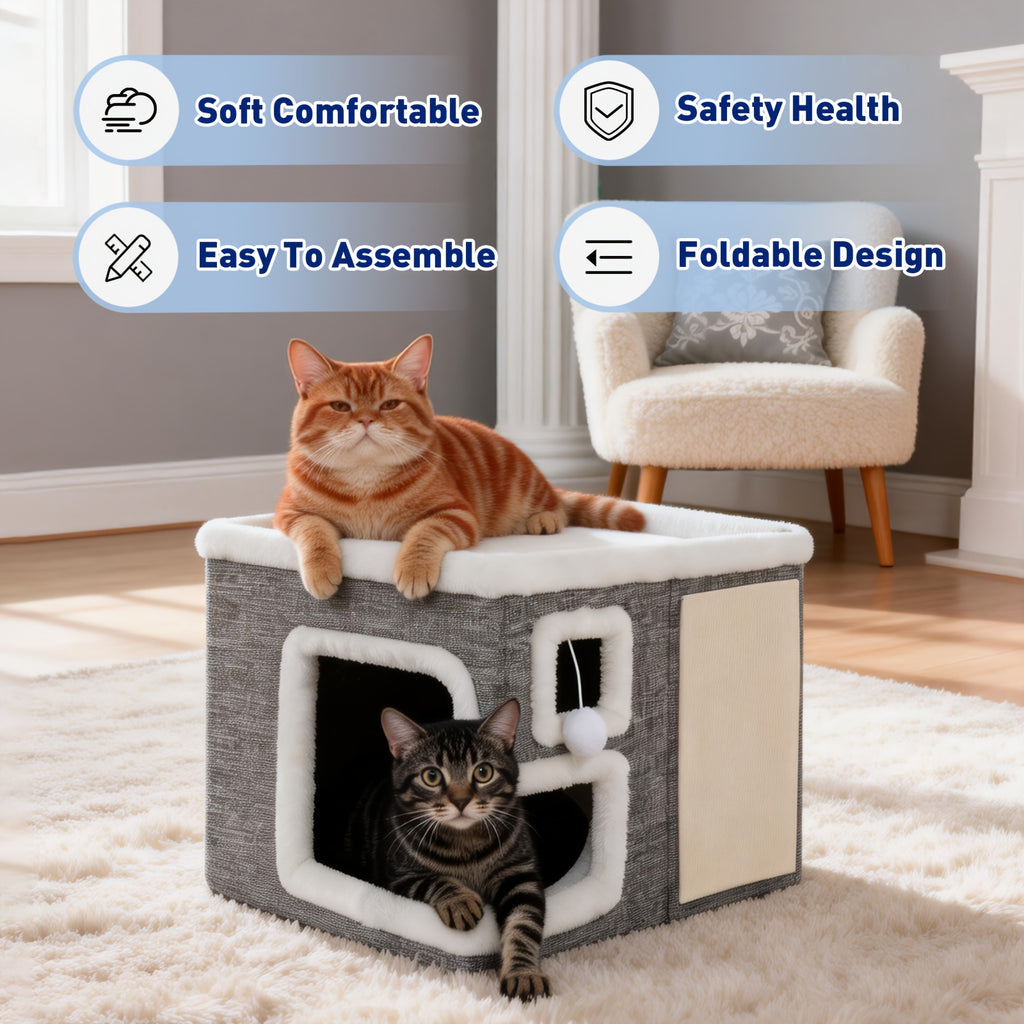 Cat House with Scratching Box, Large Light Gray 3-in-1 Indoor Cat Condo Cube with Wooden Structure and Ottoman-Style Hideaway for Sleep and Play