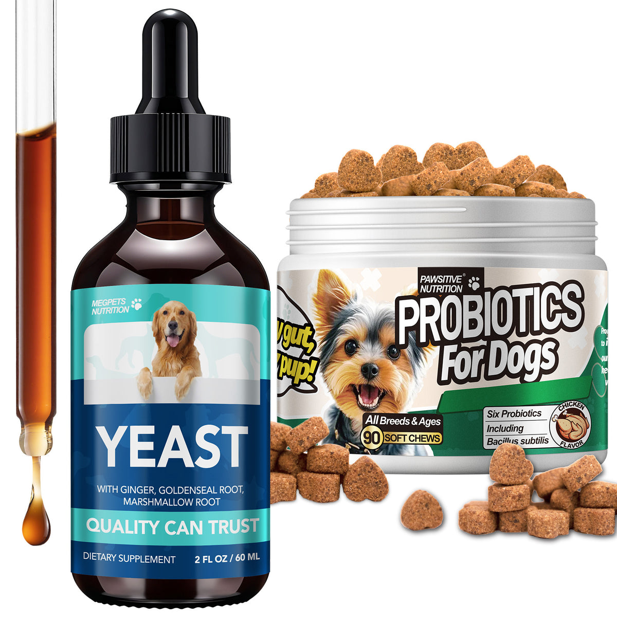 Pet Supplement Kit with 2 fl oz Health Drops and 90 Probiotic Chews, Two-Part Dog and Cat Supplement Bundle for Owner-Managed Wellness Routines