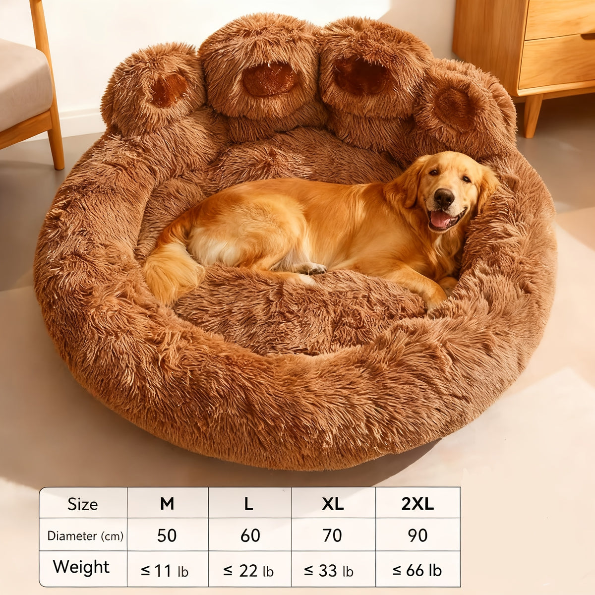 Plush Dog Bed with Bear Paw Shape, Soft Faux Fur Cat Sleeping Cushion with Non-Slip Bottom, Coffee Pink or Gray for Pets up to 30 lbs