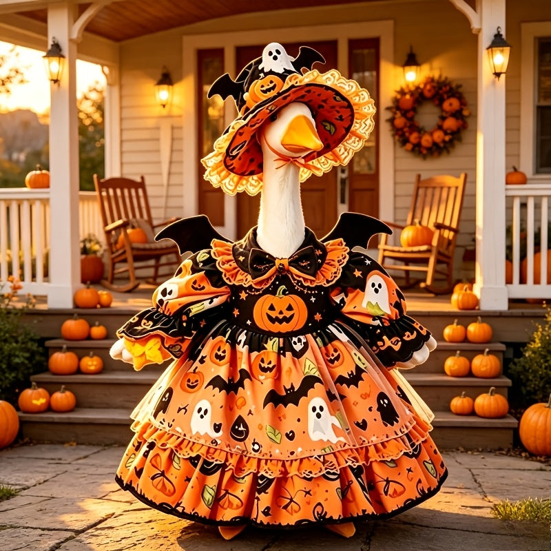 Halloween Porch Goose Costume for 23-Inch Decorative Statues, Orange Witch Dress Outfit with Lace Trim and Bat Pumpkin Theme for Fall Decor