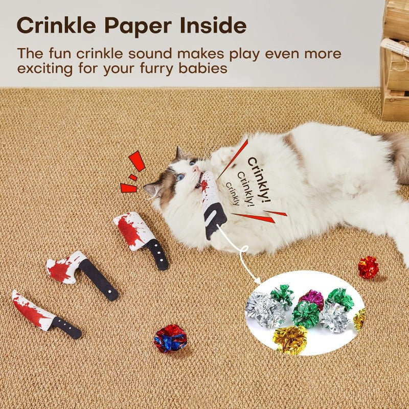 Crinkle Cat Kicker Toys 4 Pack, Knife-Shaped Fabric Toys with Pet Herb for Indoor Batting, Pouncing and Supervised Hunting Play