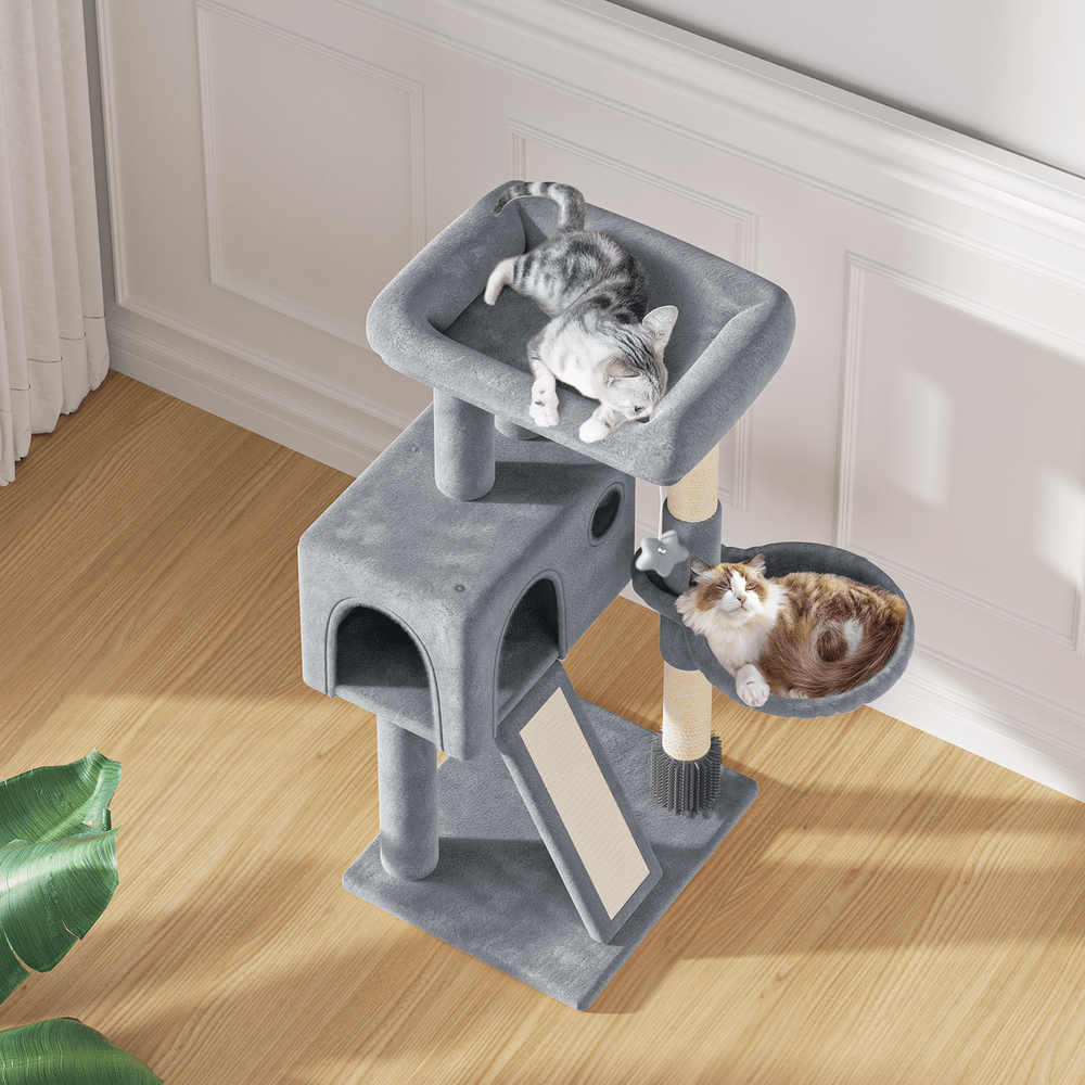 Compact Cat Tree 36 Inch with Hammock and Condo, Plush Indoor Cat Tower with Sisal Scratching Post, Scratching Board and Hanging Ball, Two Gray Colors