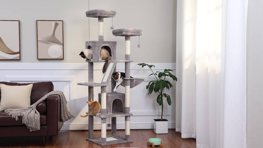 Metal Frame Cat Tree, 70.9 or 45.7 Inch Multi-Level Indoor Cat Tower with Plush Perch, Hammock, Condo Hideaway and Sisal Scratching Posts, Six Colors