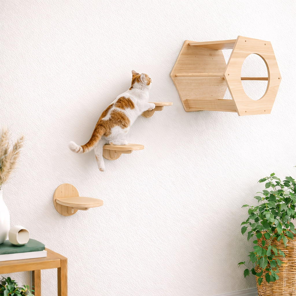 Cat Wall Shelves with Hexagon House, 4-Piece Wooden Climbing Furniture Set with 3 Steps and Scratching Post for Small and Medium Indoor Cats up to 20 lbs