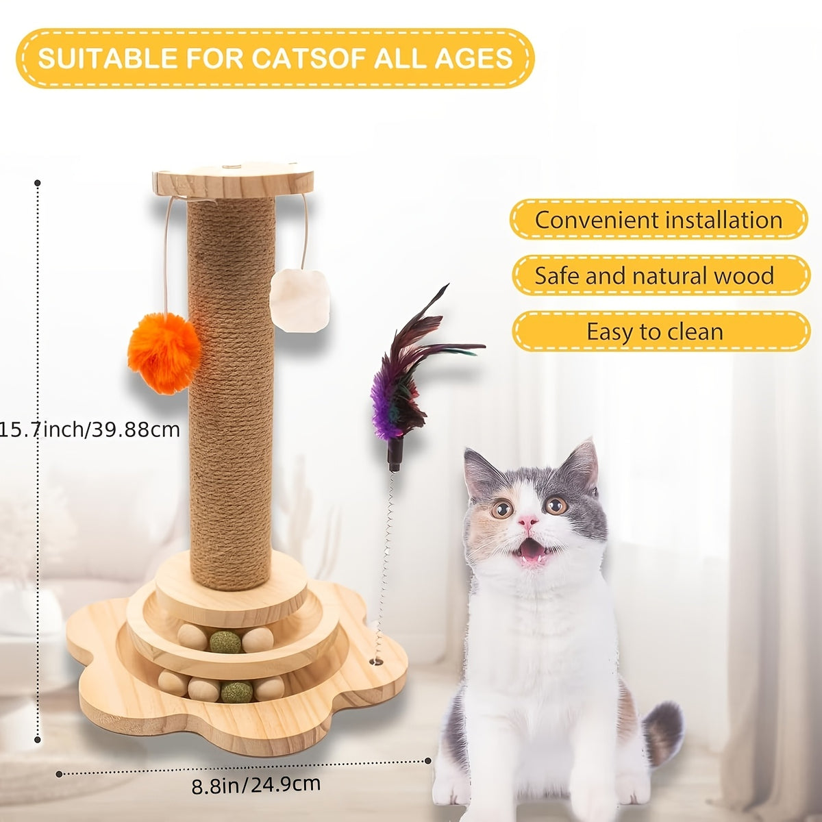 4-in-1 Cat Scratching Post with Ball Tracks, Hanging Toys and Feather Teaser for Indoor Cats, Small to Large and Replacement Column Options