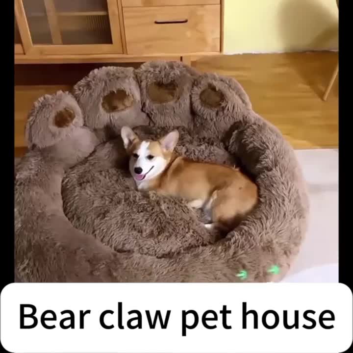 Plush Dog Bed with Bear Paw Shape, Soft Faux Fur Cat Sleeping Cushion with Non-Slip Bottom, Coffee Pink or Gray for Pets up to 30 lbs