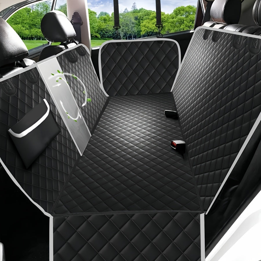 Nylon Dog Car Seat Cover with Mesh Windows and Storage Pockets, Non-Slip Gray Black Pet Hammock for Everyday Car, Truck and SUV Travel
